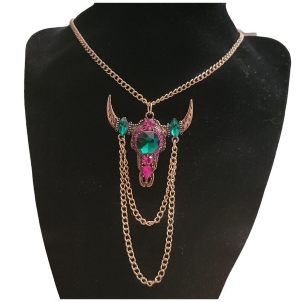 Glam southwest bull skull pink green and gold tone boho pendant necklace